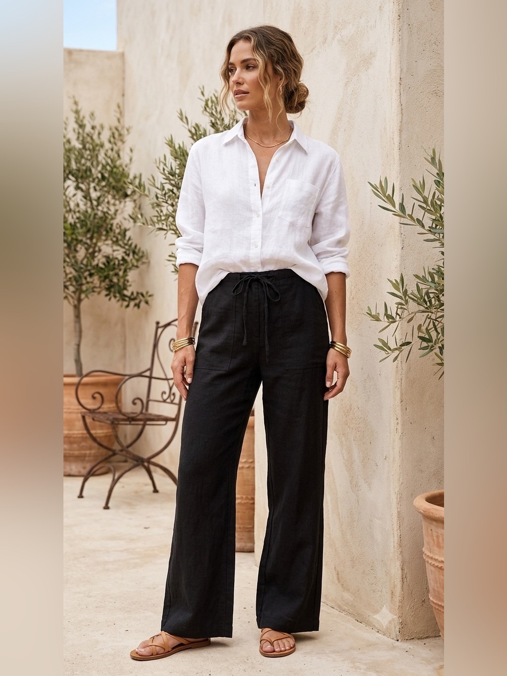 River + Sky Black Wide-Leg Linen Drawstring Pants